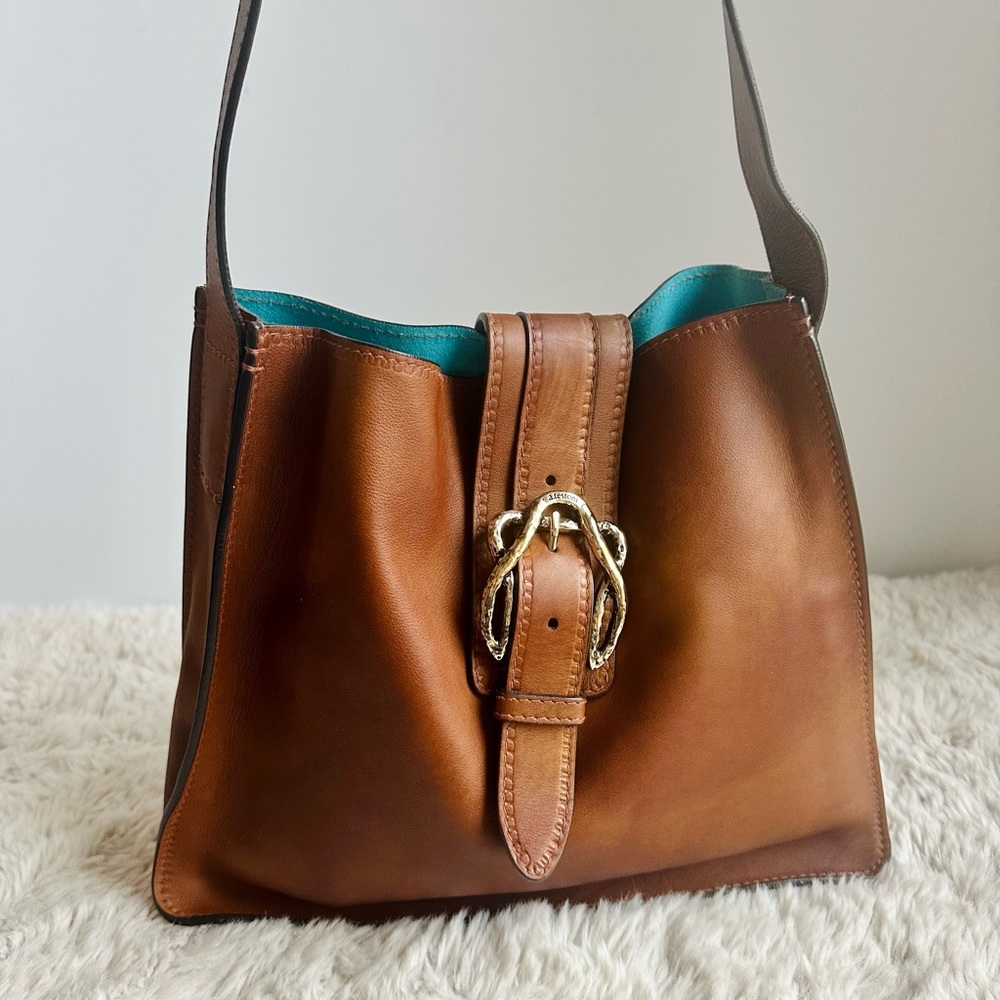 LIKE NEW A. Testoni Brown Soft Leather Shoulder Bag with Gold Clip